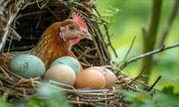 A hen guarding her freshly laid eggs in a nest AI generated