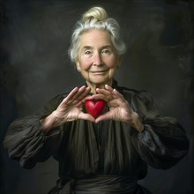 Older woman with grey hair smiles while holding a red heart, AI generated