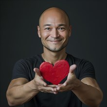 Smiling bald man in black shirt holding a red heart in front of a dark background, AI generated