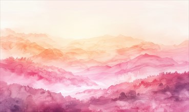 Soft hues of pink and orange in a watercolor valley painting during sunrise AI generated