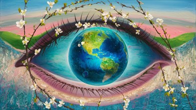Painting of an eye with an Earth globe pupil surrounded by nature and flowers, AI generated