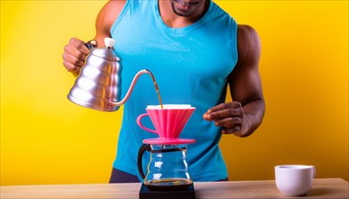 Muscular male person in a tank top making coffee against a yellow wall, adding to fitness routine,