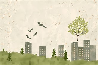 Simplistic cityscape with a tree and birds on a paper-textured background, illustration, AI