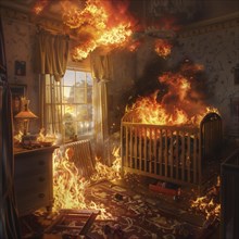 A fire breaks out in the children's room, creating a dramatic and disturbing image, AI generates,
