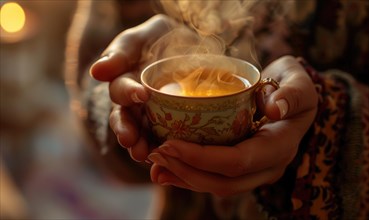 Hands holding a cup of steaming tea, close up view AI generated