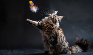 Maine Coon cat playfully batting at a feather toy in a studio setup AI generated