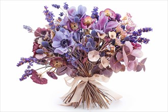 A captivating bouquet of mixed dried flowers, featuring vibrant hues of purple and blue,