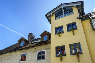 Renovated old building with chimney and dormer windows, Kempten, Allgaeu, Swabia, Bavaria, Germany,