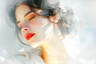 Artistic portrayal of a woman with pretty face, emphasizing the ethereal interplay of light and