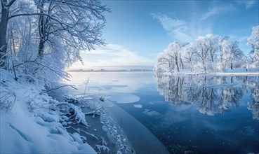 A winter landscape with a frozen lake and snow-covered forest AI generated