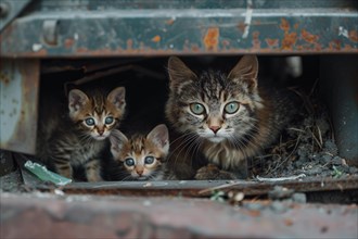 Stray cat with kittens hiding under object. KI generiert, generiert, AI generated