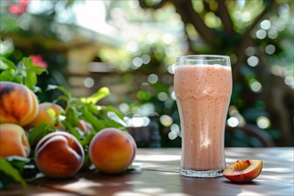 Peach smoothie or milkshake with fruits on table. Generative Ai, AI generated