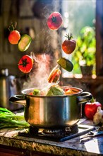 Various vegetables floating in the air above a cooking pot, various fresh vegetables next to it, in