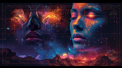 Futuristic digital art of a female face overlaid with cosmic imagery and neon linework, ai