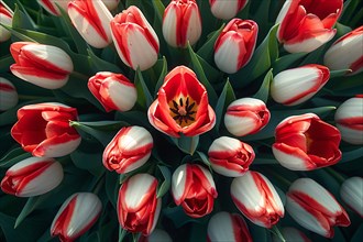 Close-up of red and white tulips showing contrasting colors and vibrant pattern, AI generated