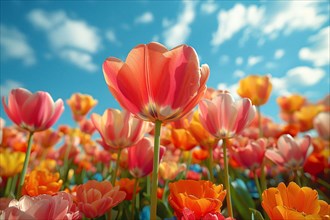 Low angle view of vibrant tulips reaching towards a blue sky with fluffy clouds, AI generated