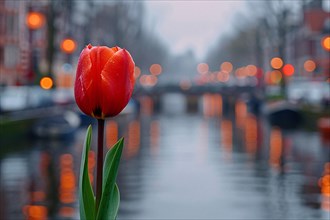An orange tulip stands out against a calm Amsterdam canal in warm evening light, AI generated