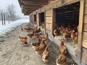 Hens peering out of a chicken coop on a cold winter day with snow on the ground, AI generiert, AI