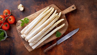 Fresh white asparagus on an old wooden board, surrounded by tomatoes and mint, fresh white