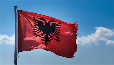 Flag, the national flag of Albania flutters in the wind