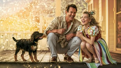 Cheerful funny couple in retro attire enjoying time with their playful dog on a porch, AI generated