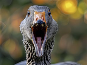 Portrait of a surprised goose with wide open beak and sharp details, AI generated, AI generated, AI
