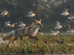 A fox hunts through the wilderness at dawn with flying birds, AI generated, AI generated, AI