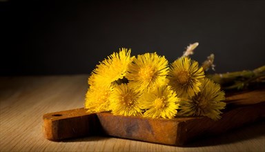 Yellow coltsfoot flowers lie on an old wooden board in front of a dark background, medicinal plant