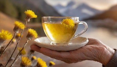 A clear teacup filled with coltsfoot blossom tea on a plate, surrounded by nature and mountains,