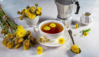 Cosy tea setup with a cup and yellow flowers, medicinal plant coltsfoot, Tussilago farfara, AI