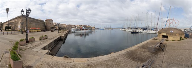 Harbour basin and fortress wall, panoramic view, Alghero, Sardinia, Italy, Europe
