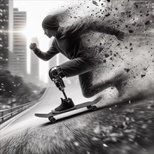 Monochrome image of a person with a prosthetic leg skateboarding in a city, AI generated