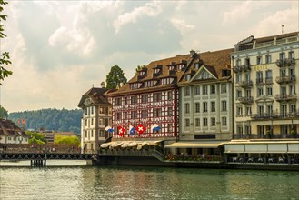 Reuss River and City of Lucerne with Luxury Hotel in Switzerland