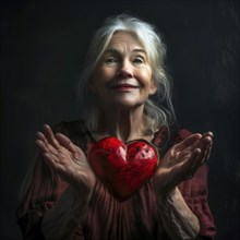 Older lady with white hair holds a red heart lovingly in her hands in front of a dark background,