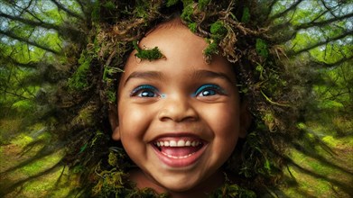 Digital artwork of a laughing child with forest elements, vibrant colors, moss growing and