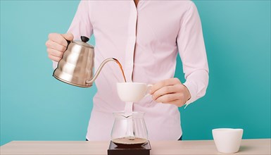 Man in a pink shirt pouring coffee into a filter over a carafe on a blue background, horizontal, AI