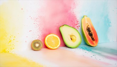 Fresh fruits against a vibrant watercolor background creating an artistic display, horizontal, AI