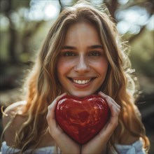Smiling young woman holding a bright red heart in the sunlight, AI generated