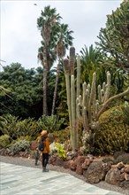 Tourist woman with hat enjoying and strolling in a tropical botanical garden with many captus