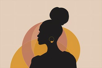 Silhouette of an elegant woman against a peach background with geometric circles, illustration, AI