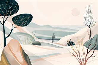 Serene minimalistic landscape with pastel colored hills and sparse vegetation, illustration, AI