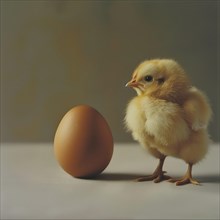 A fluffy yellow chick next to an egg under soft lighting, AI generated