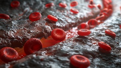 Red blood cells on a dark, textured background with microscopic detail, AI generated
