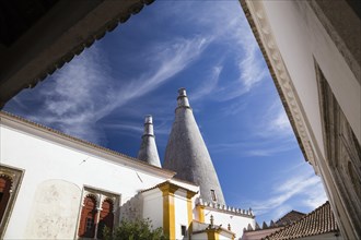 Inner courtyard architectural details and the chimney stacks at the National Palace of Sintra,