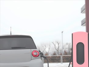 A modern electric car charging at a pink station in a foggy winter setting, illustration, AI