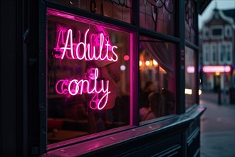 Glowing pink neon light 'Adults only' text hanging in window of bar at night. KI generiert,