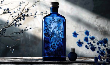 Cobalt blue glass bottle with botanical illustrations on background with textured shadow AI