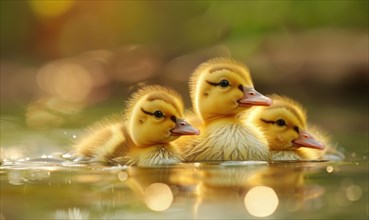 Ducklings swimming in a pond, close up view AI generated