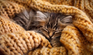 Maine Coon kitten curled up in a cozy knitted blanket AI generated