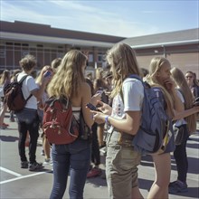 Many students talk on their cell phones in the schoolyard, photoquality Job ID: